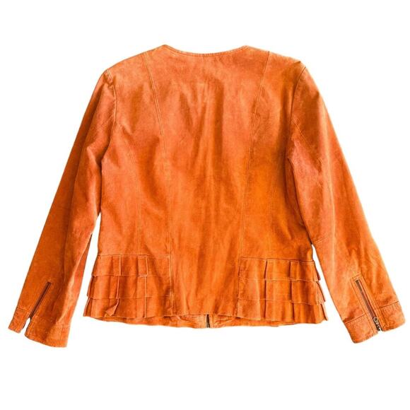 Burnt Orange Suede Leather Jacket w Ruffles & Large Buttons by Prosper & Devine - Picture 4 of 9